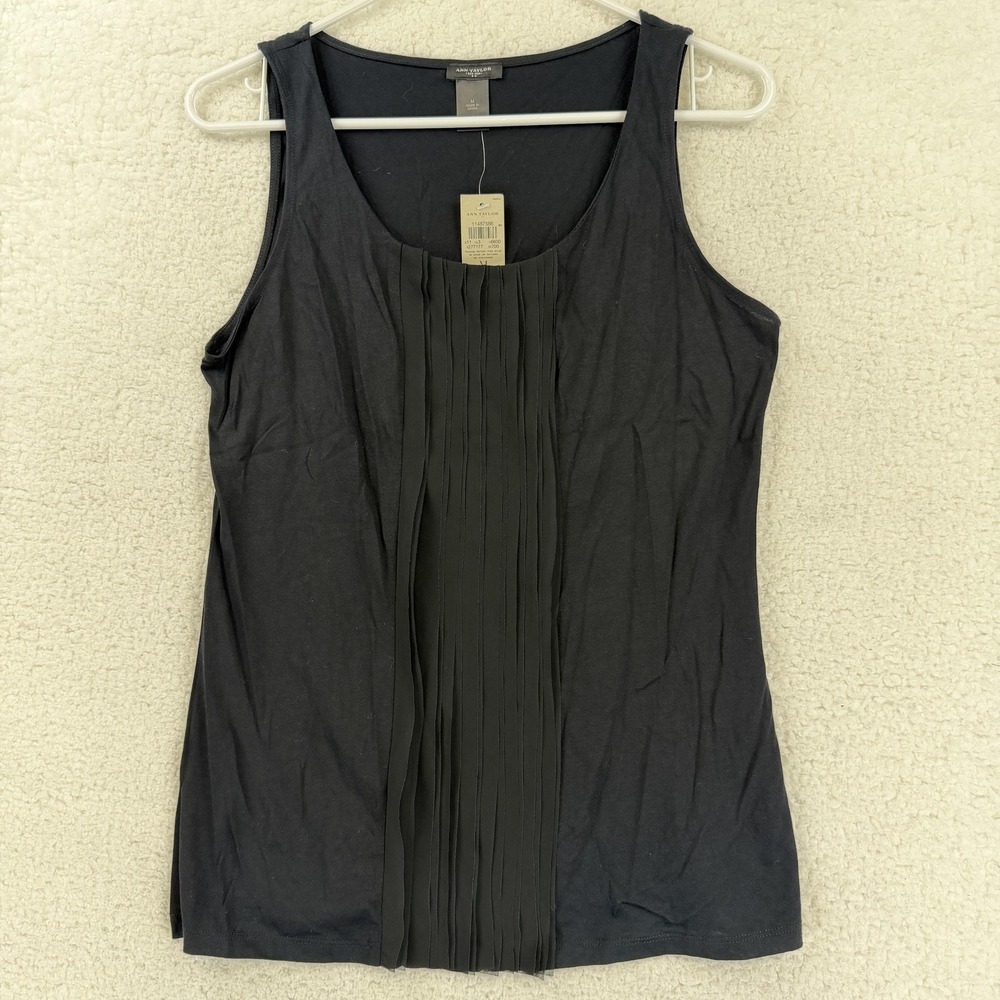 Ann Taylor Tank Top Womens Medium Black Pleated Front Scoop Neck Jersey Stretch‎